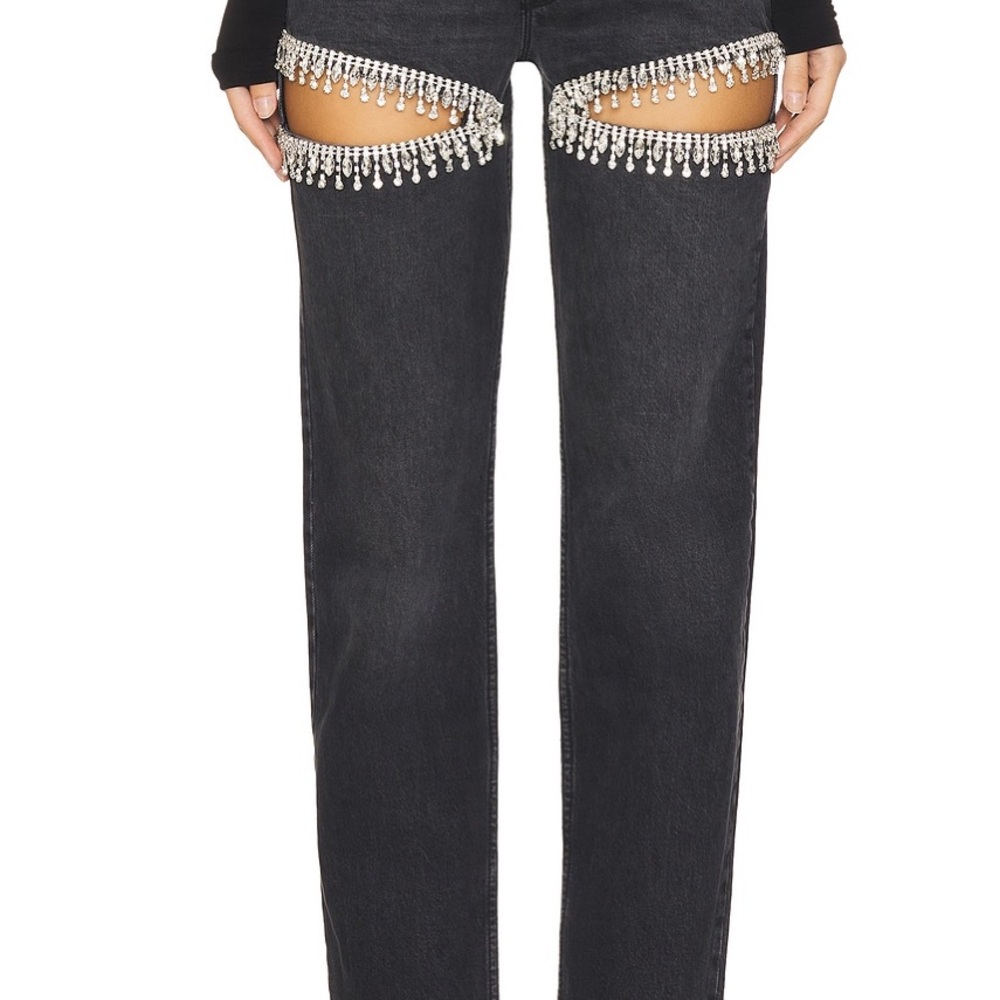 Good American Black Straight Leg Jeans with Diamond Accents